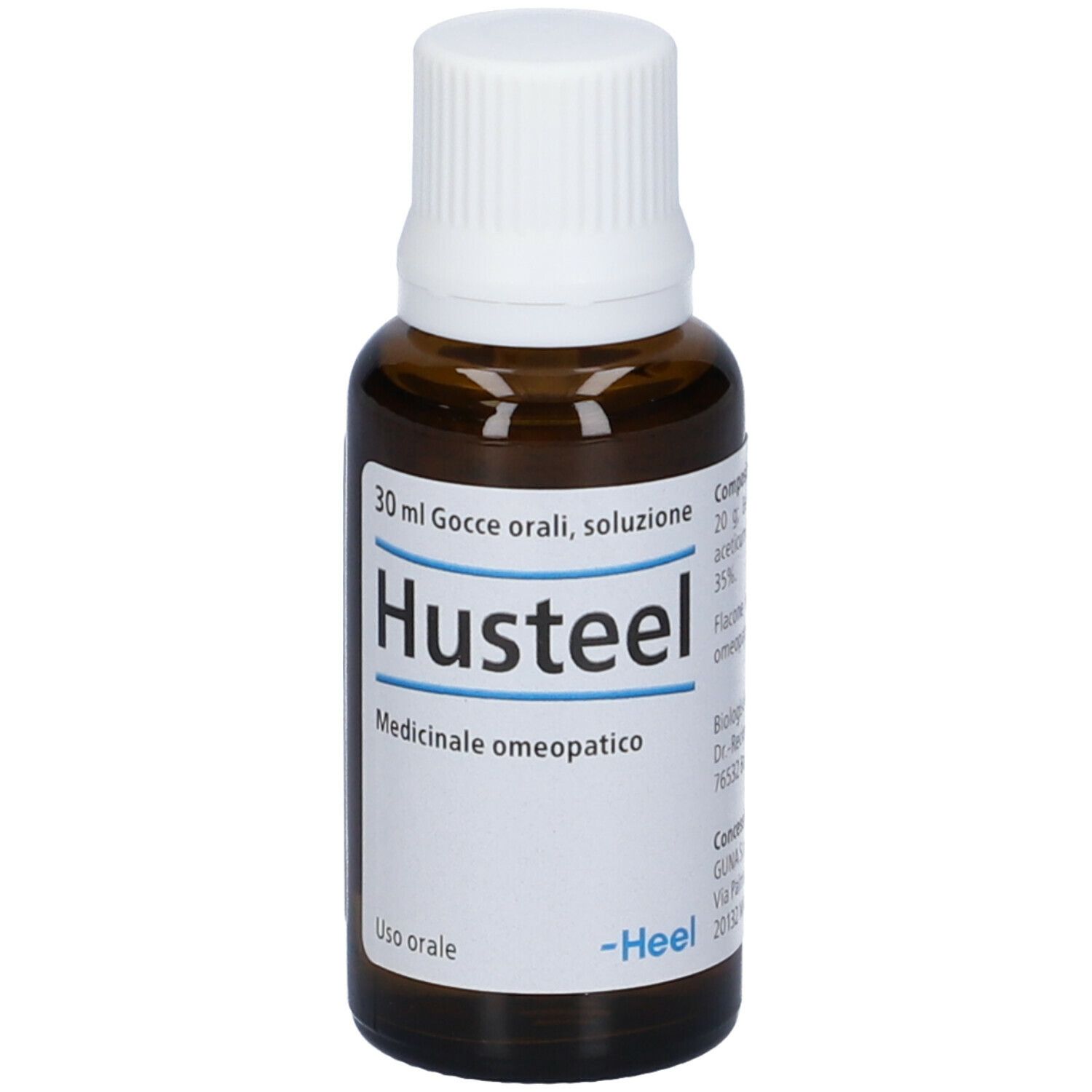 Flacone di vetro marrone con tappo bianco ed etichetta. Scritta: 30 ml, Husteel, Medicinale.