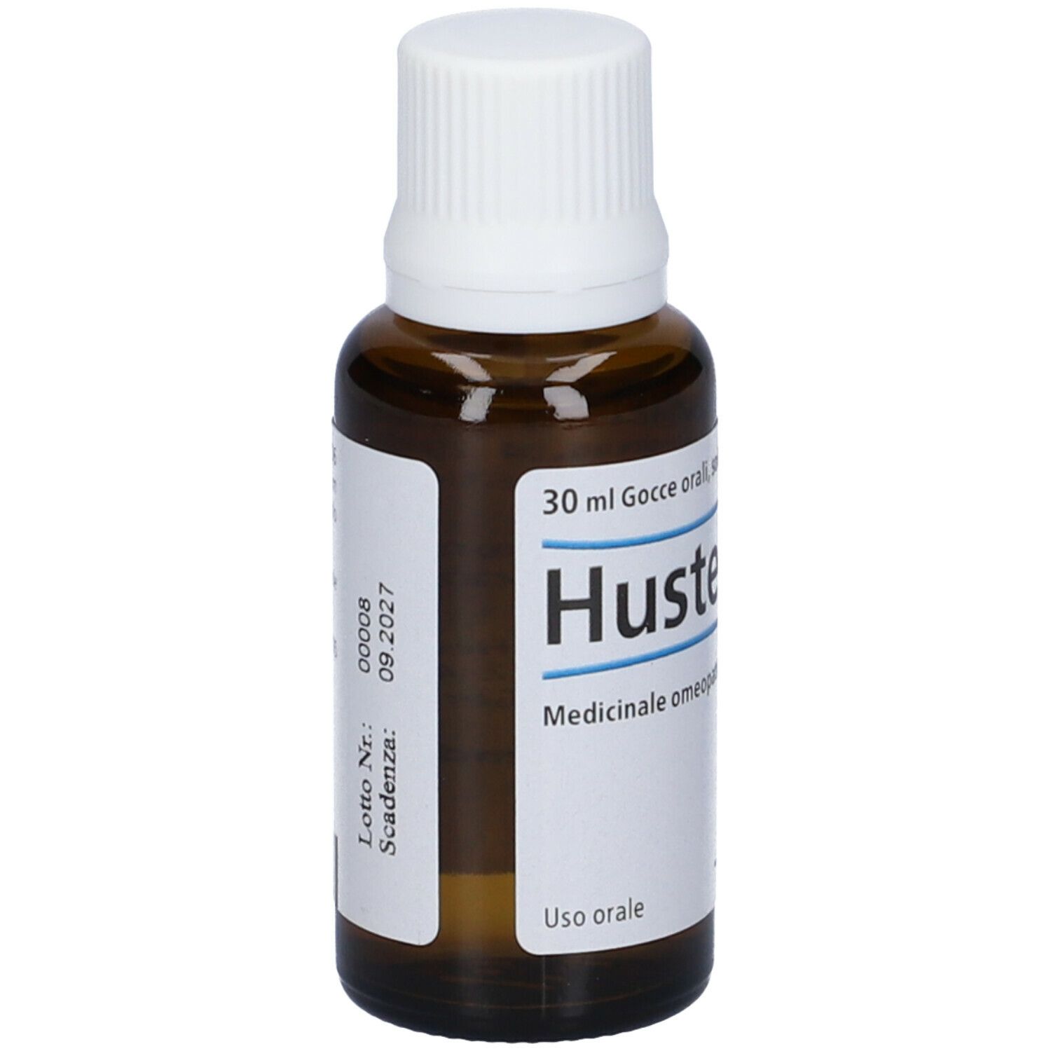 Flacone di vetro marrone con tappo bianco ed etichetta. Scritta: 30 ml, Husteel, Uso orale.