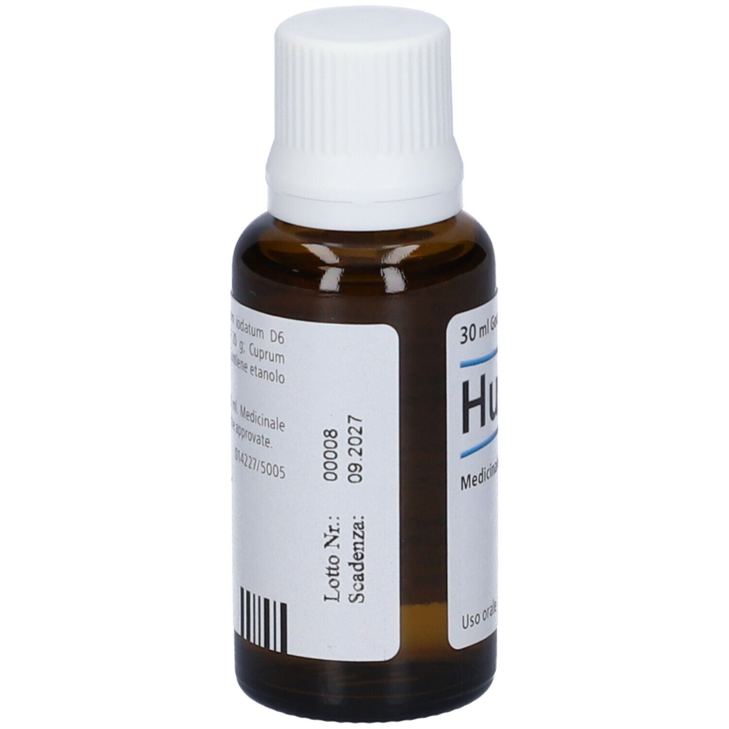 Flacone di vetro marrone con tappo bianco ed etichetta. Contiene ingredienti. Codice a barre e scadenza.