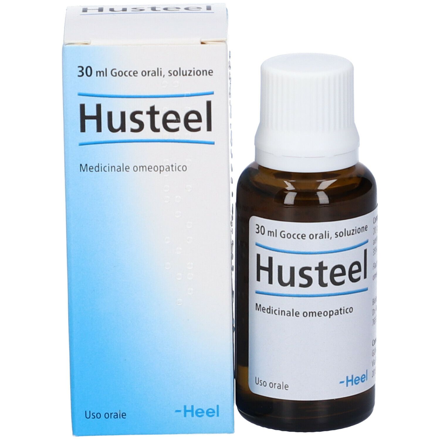 Flacone e confezione del prodotto. Scritta: Husteel, 30 ml, Medicinale. Scatola bianca.