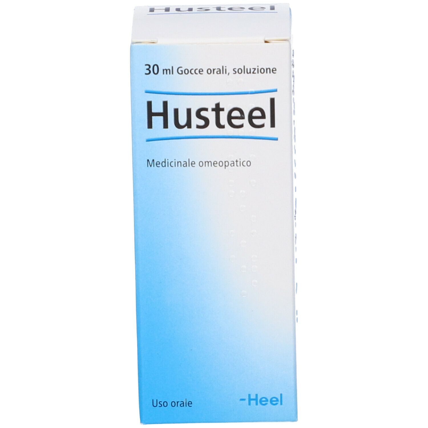 Confezione bianca del prodotto. Scritta: Husteel, 30 ml, Medicinale. Marchio Heel.