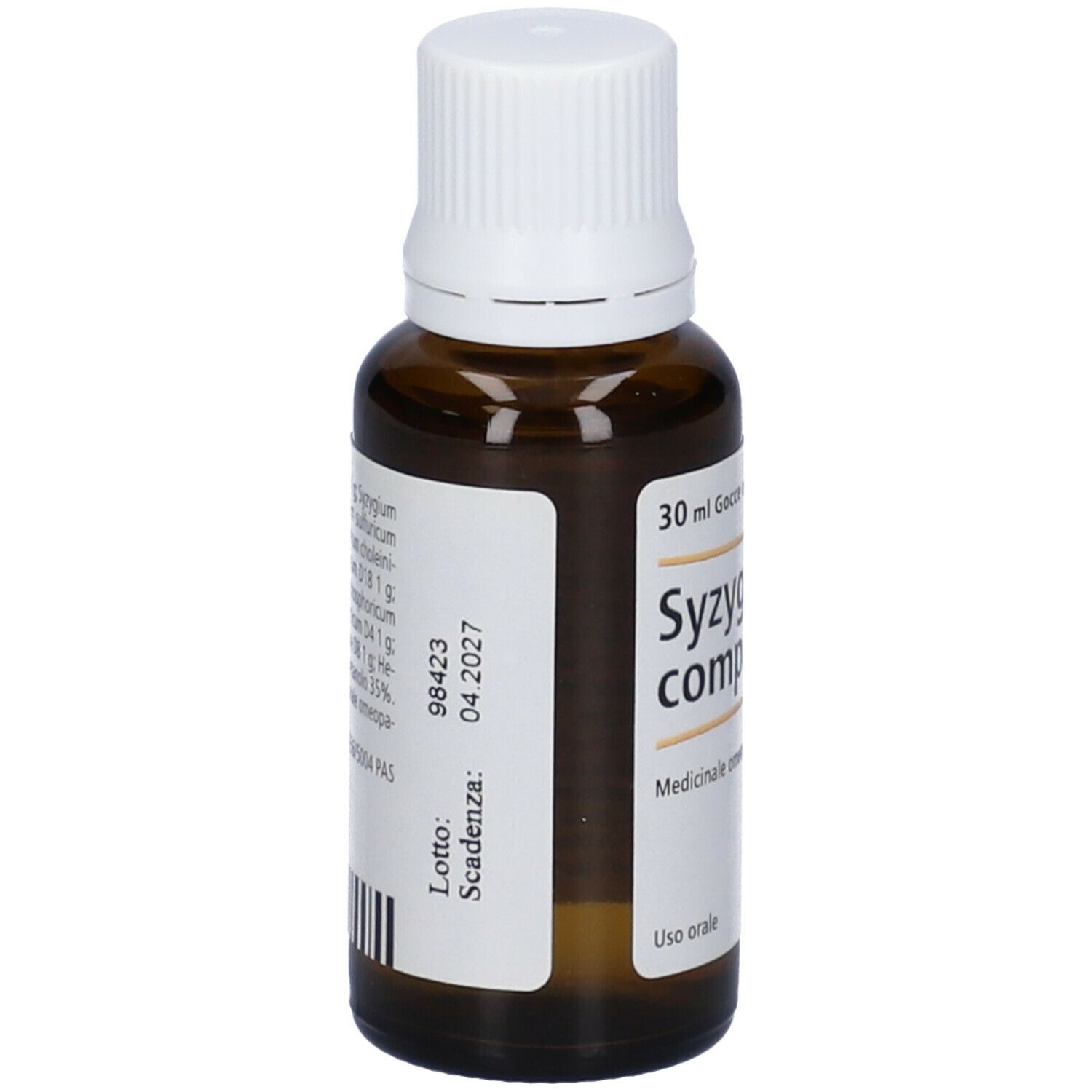Flacone di vetro marrone con tappo bianco. Etichetta con nome del prodotto e ingredienti. 30 ml.