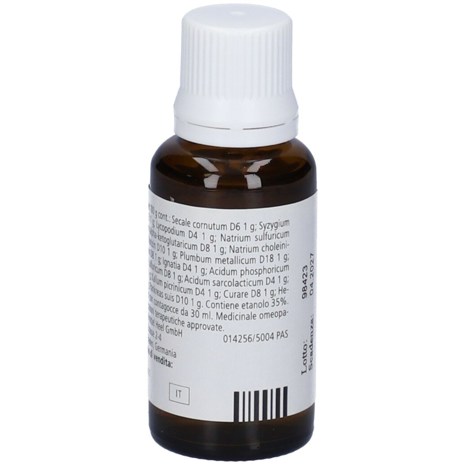 Flacone di vetro marrone con tappo bianco. Etichetta con ingredienti e numero di lotto. 30 ml.