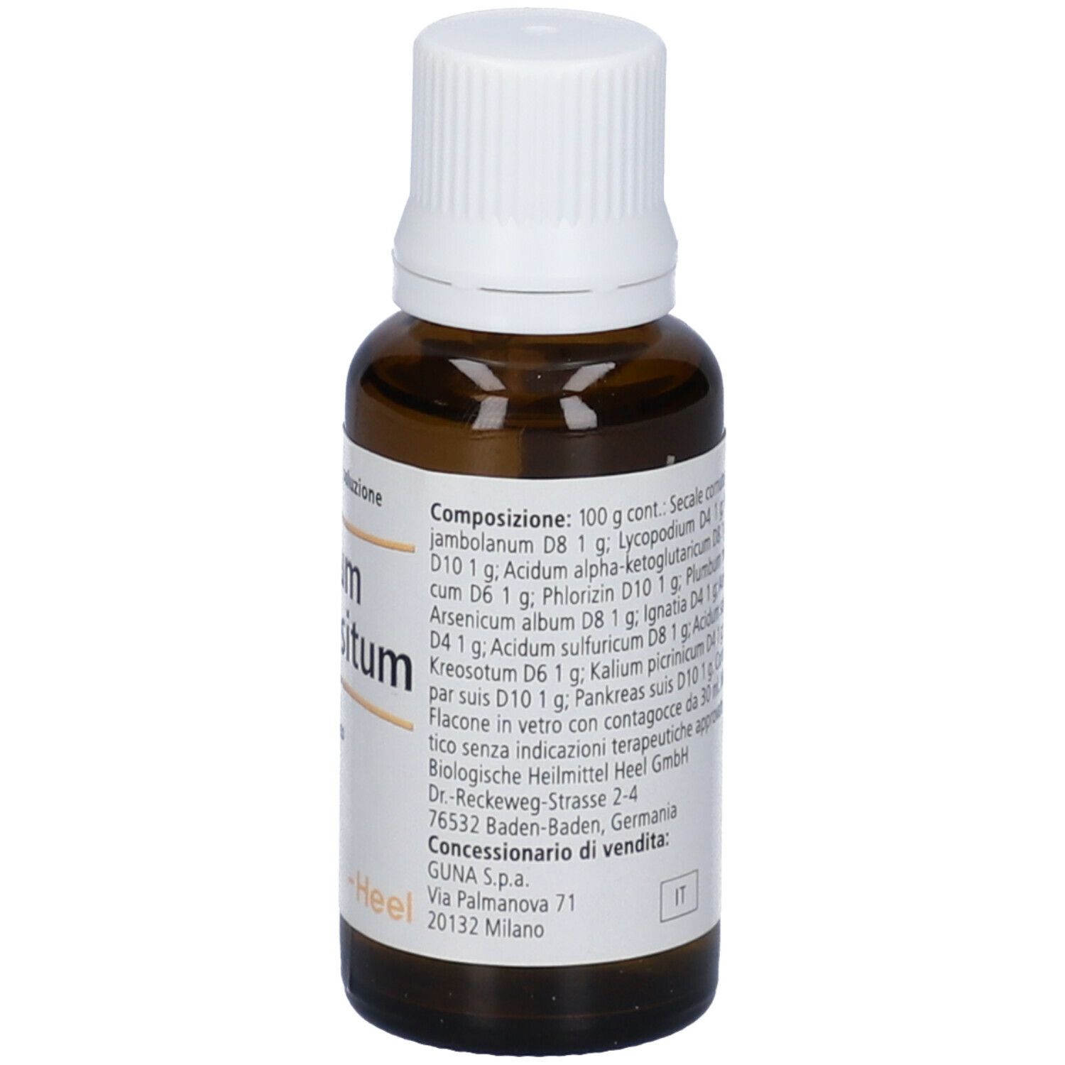 Flacone di vetro marrone con tappo bianco. Etichetta con ingredienti e informazioni produttore. 30 ml.