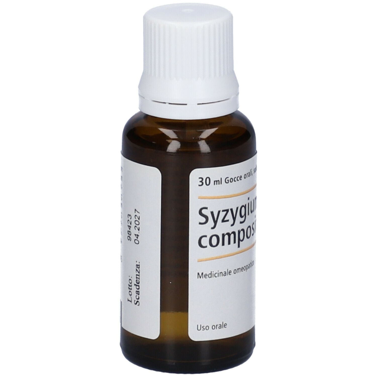 Flacone di vetro marrone con tappo bianco. Etichetta con nome prodotto e data di scadenza. 30 ml.