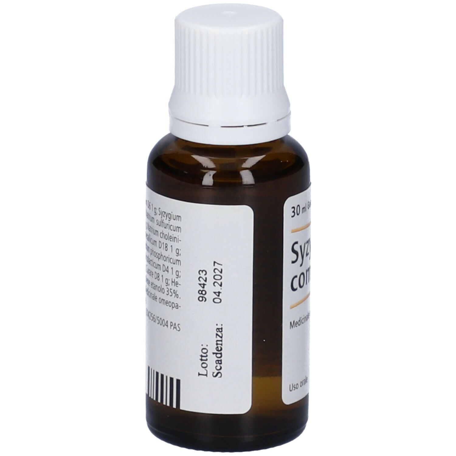 Flacone di vetro marrone con tappo bianco. Etichetta con ingredienti e data di scadenza. 30 ml.