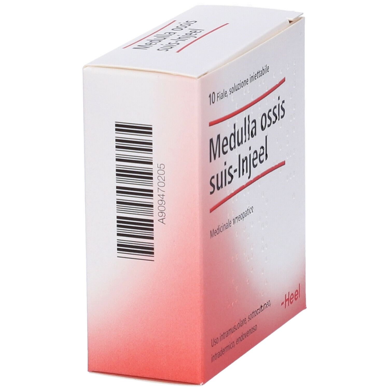 Scatola di Medulla ossis suis-Injeel. Codice a barre e testo. Logo Heel. Scritto: 10 fiale, soluzione iniettabile.