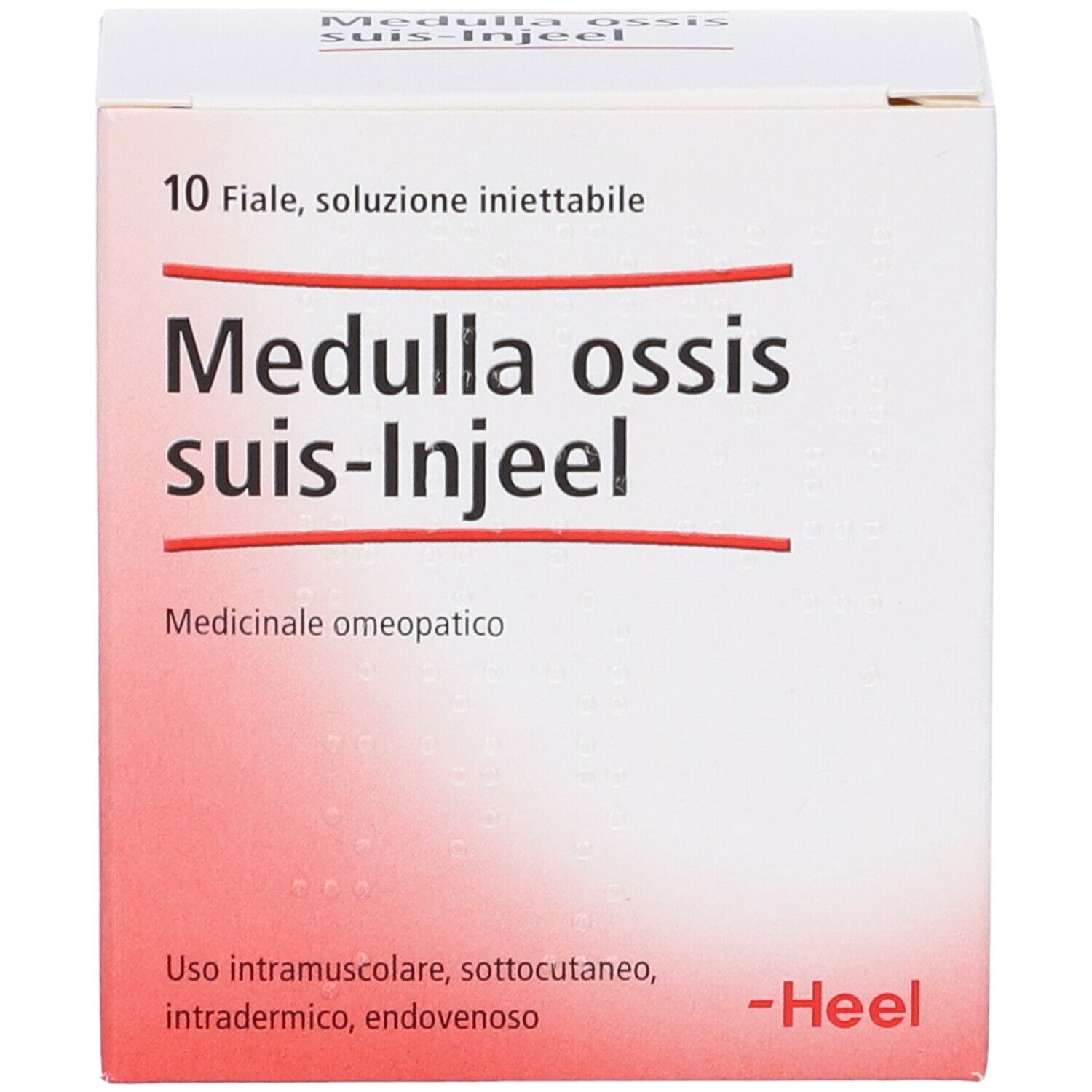 Scatola di Medulla ossis suis-Injeel. Scritto: 10 fiale, soluzione iniettabile. Logo Heel.