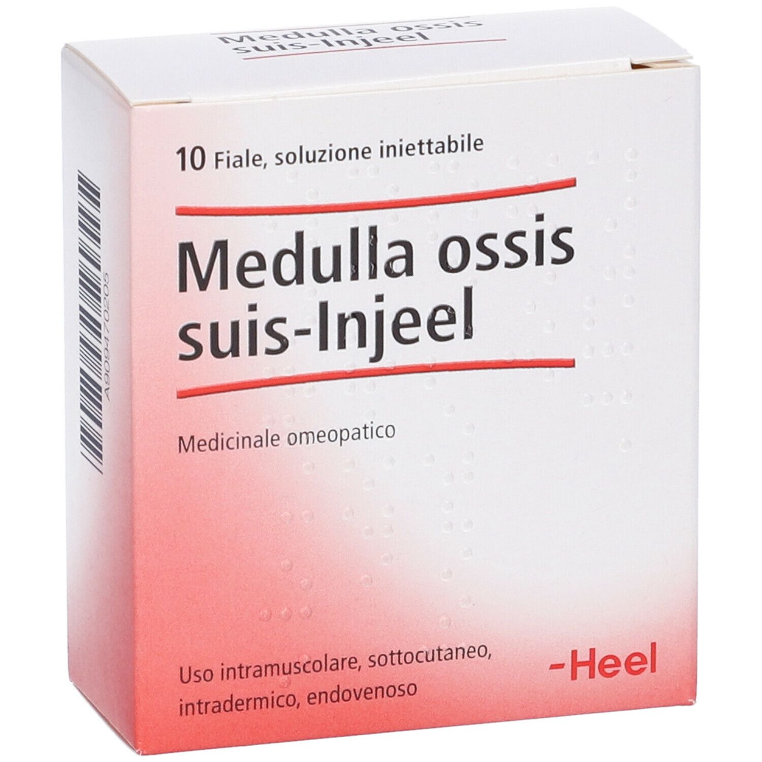 Scatola di Medulla ossis suis-Injeel. Scritto: 10 fiale, soluzione iniettabile. Logo Heel.