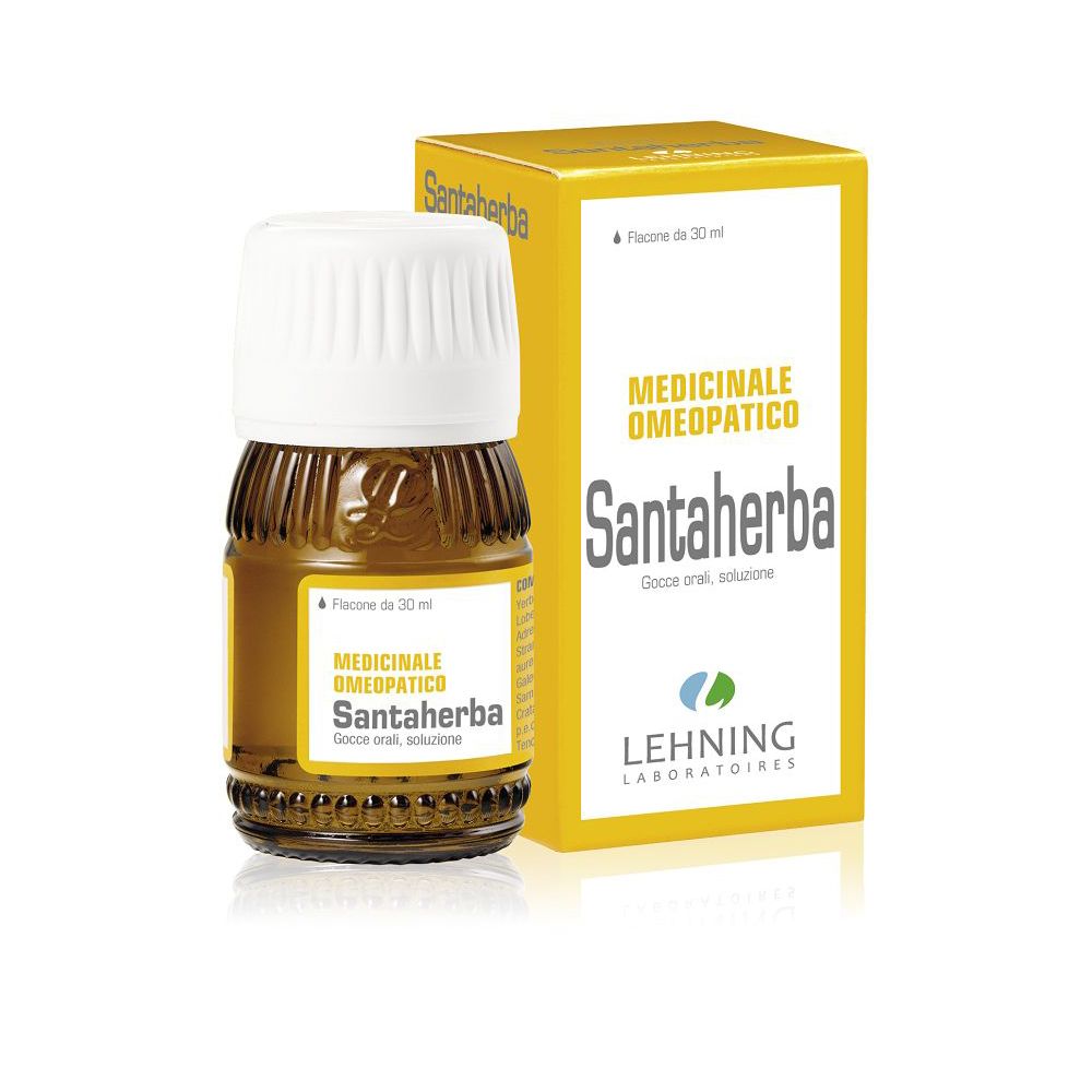Flacone di vetro marrone con tappo bianco e confezione gialla. Scritta: Santaherba, Lehning Laboratoires.