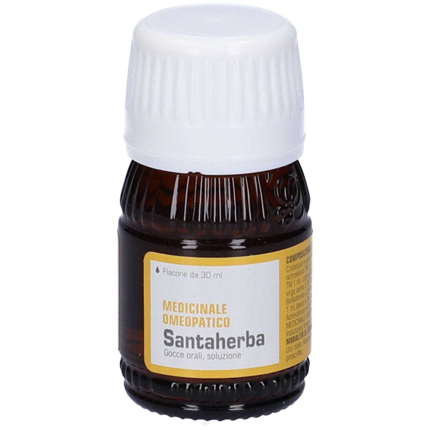 Flacone di vetro marrone con tappo bianco. Scritta: Santaherba, Medicinale omeopatico.