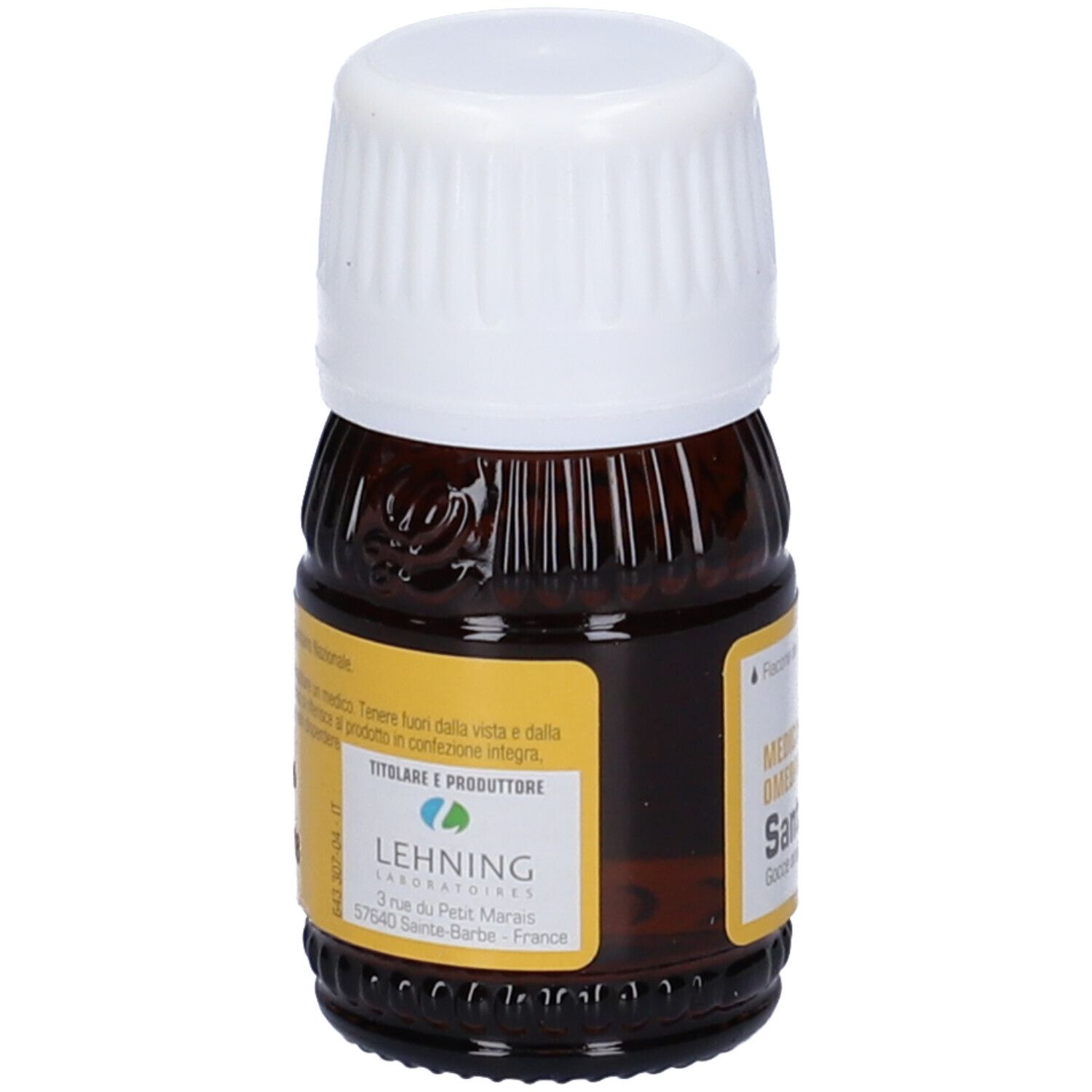 Flacone di vetro marrone con tappo bianco. Scritta: Santaherba, Medicinale omeopatico.