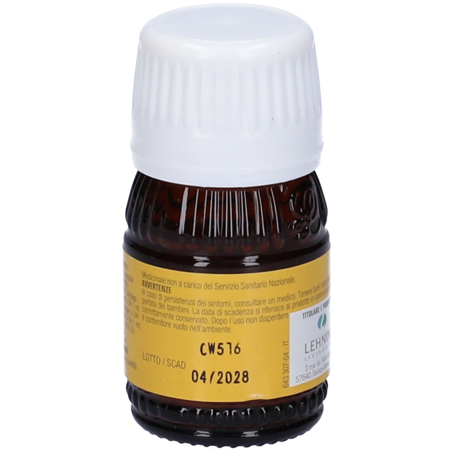 Flacone di vetro marrone con tappo bianco. Scritta: Santaherba, Medicinale omeopatico.