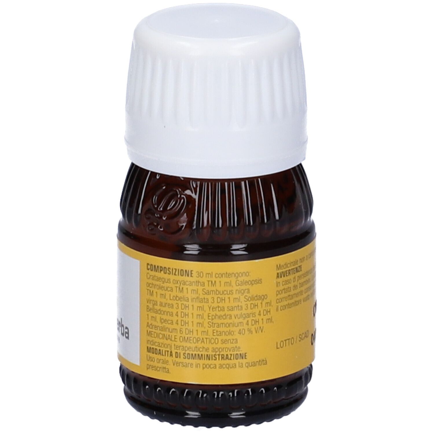 Flacone di vetro marrone con tappo bianco. Scritta: Santaherba, Medicinale omeopatico.