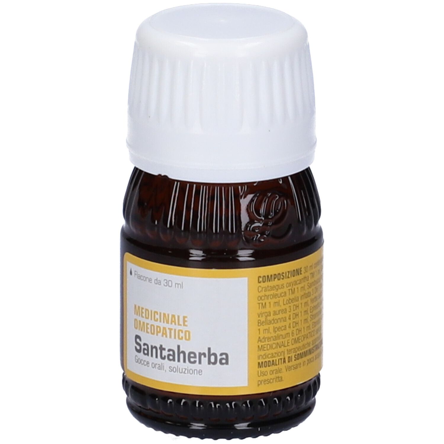 Flacone di vetro marrone con tappo bianco. Scritta: Santaherba, Medicinale omeopatico.