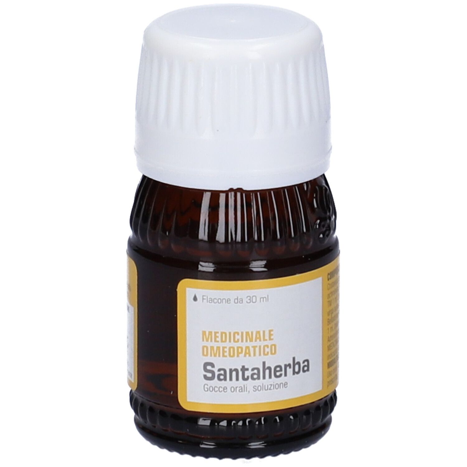 Flacone di vetro marrone con tappo bianco. Scritta: Santaherba, Medicinale omeopatico.
