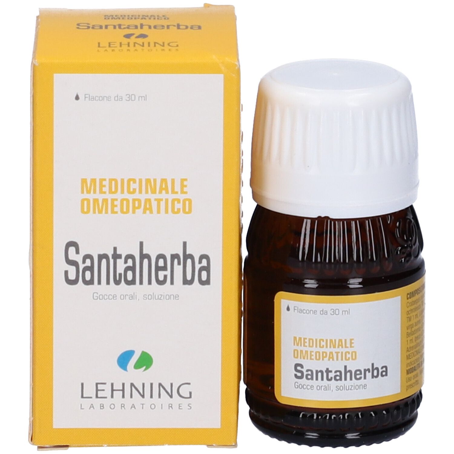 Flacone di vetro marrone con tappo bianco e confezione gialla. Scritta: Santaherba, Lehning Laboratoires.