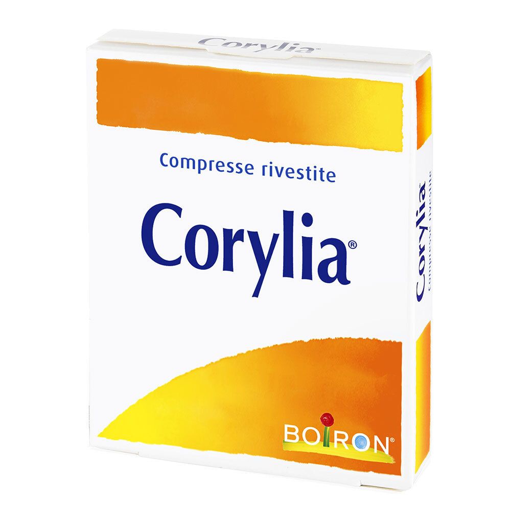 Scatola di compresse Corylia. Bianca, arancione e blu. Scritta: Corylia, Compresse rivestite, Boiron.