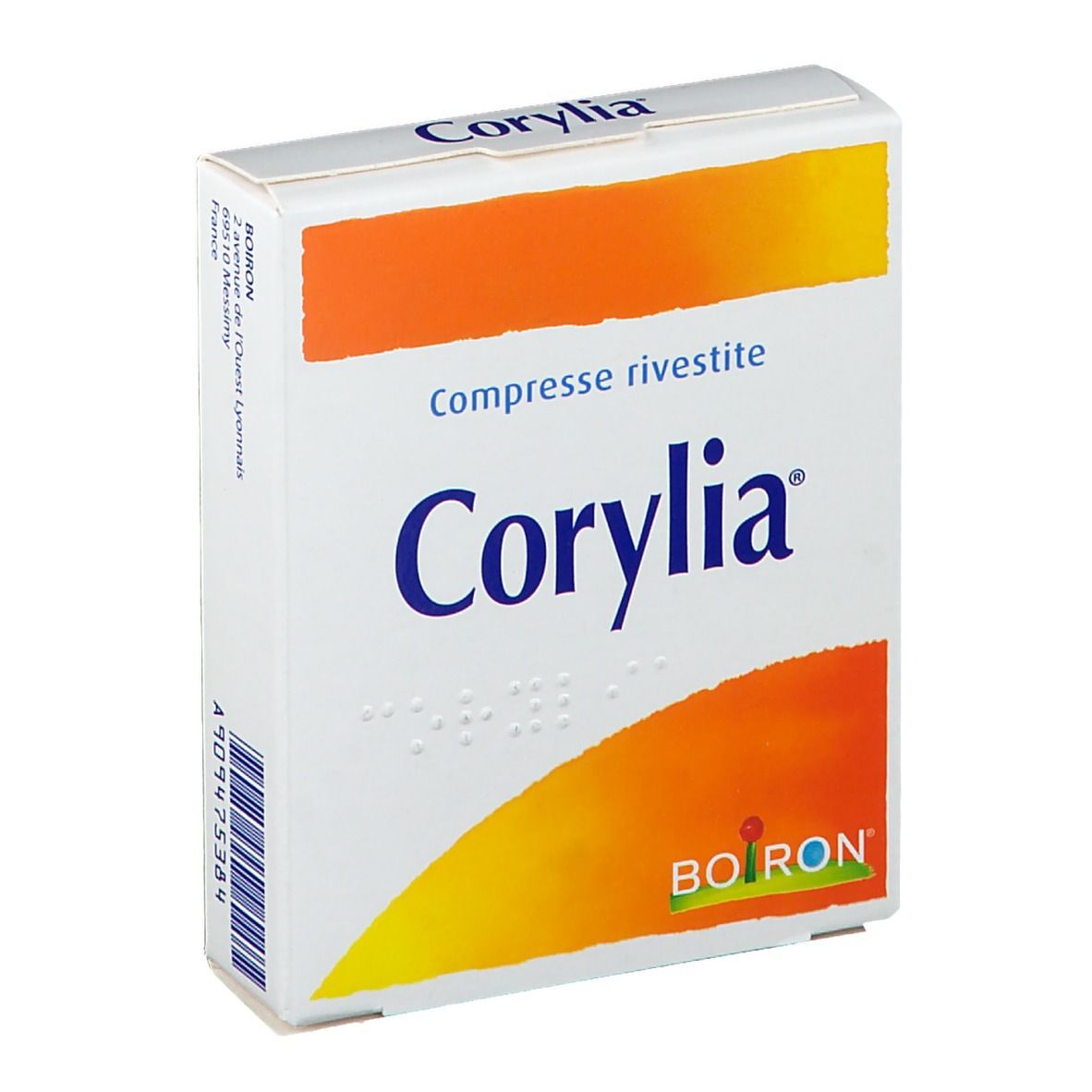 Scatola di compresse Corylia. Bianco, arancione e blu. Scritta: Corylia, Compresse rivestite, Boiron. Con scrittura Braille.
