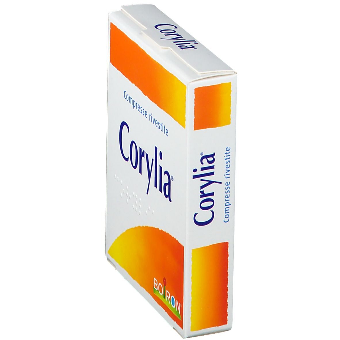 Scatola di compresse Corylia. Bianco, arancione e blu. Scritta: Corylia, Compresse rivestite, Boiron. Vista obliqua.
