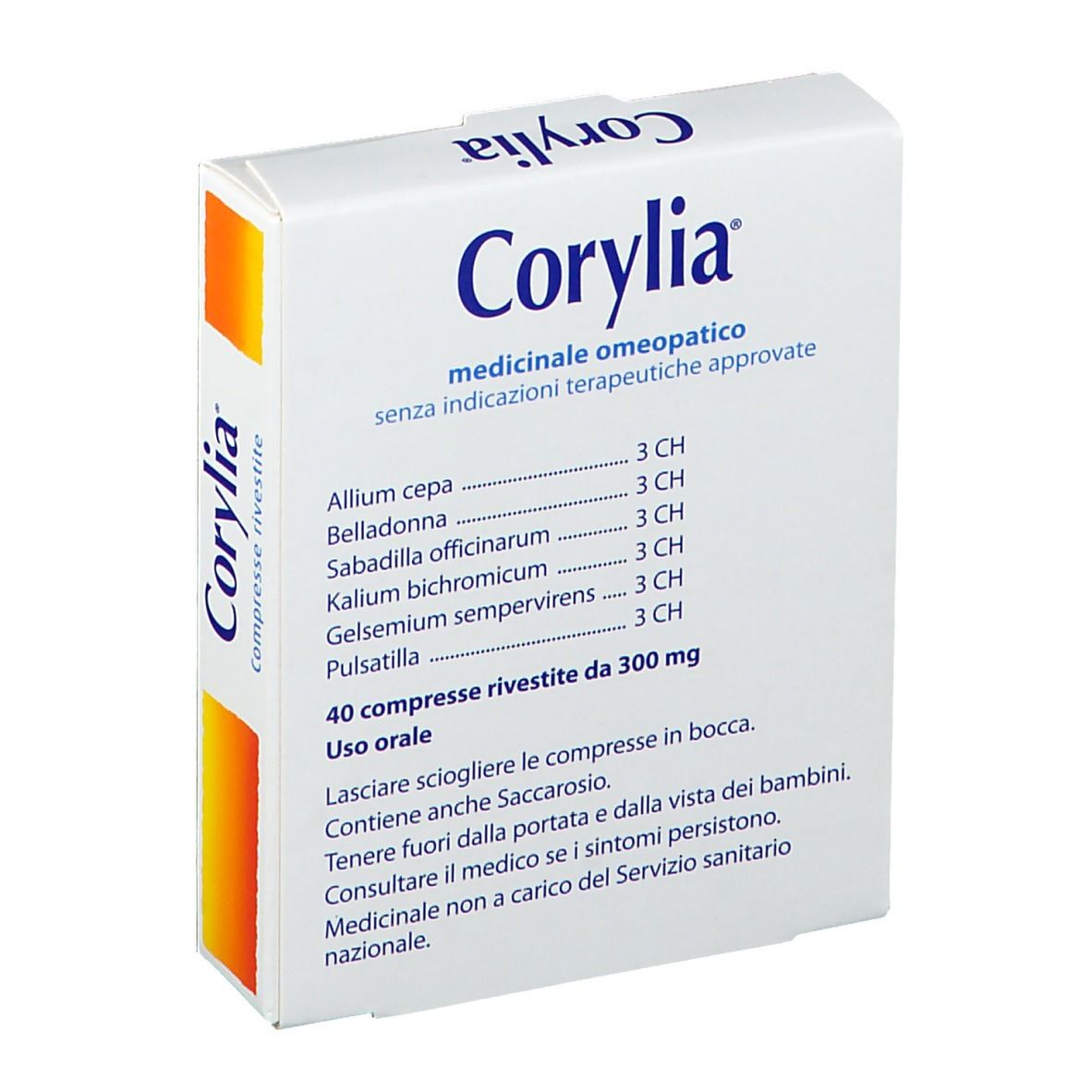 Retro della scatola di compresse Corylia. Contiene informazioni sugli ingredienti e l'uso. Testo in italiano.