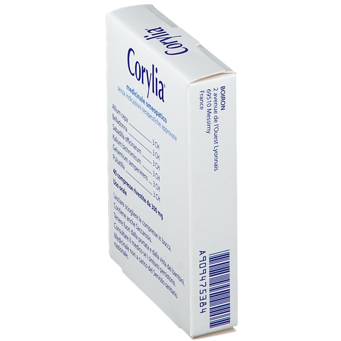 Scatola di compresse Corylia. Bianco, arancione e blu. Scritta: Corylia, Compresse rivestite, Boiron. Vista obliqua.