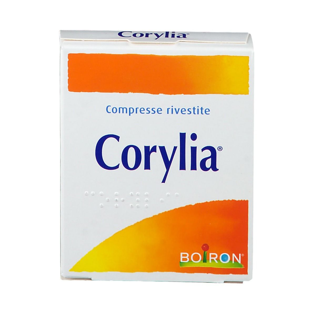 Scatola di compresse Corylia. Bianco, arancione e blu. Scritta: Corylia, Compresse rivestite, Boiron. Con scrittura Braille.