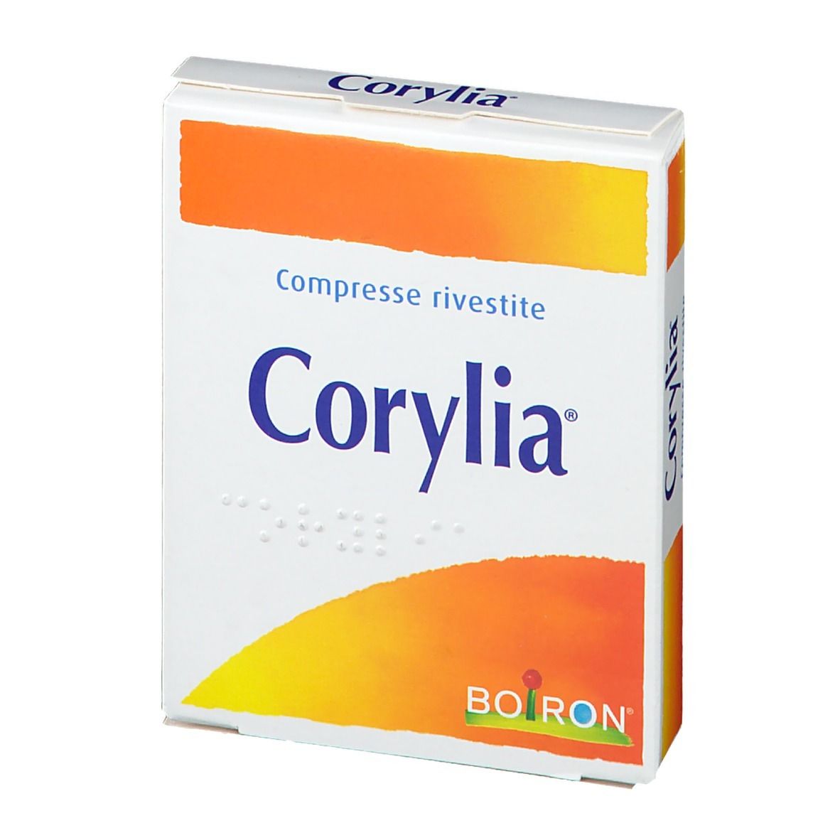 Scatola di compresse Corylia. Bianco, arancione e blu. Scritta: Corylia, Compresse rivestite, Boiron. Con scrittura Braille.
