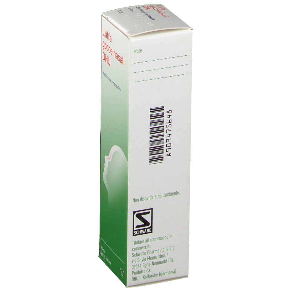 Scatola con nome prodotto e logo. Codice a barre e indirizzo. Colori verde e bianco. Logo Schwabe.