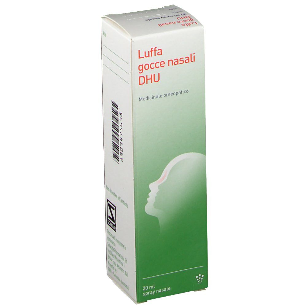 Scatola con nome prodotto e logo. 20 ml spray nasale. Colori verde e bianco. Profilo di un naso.