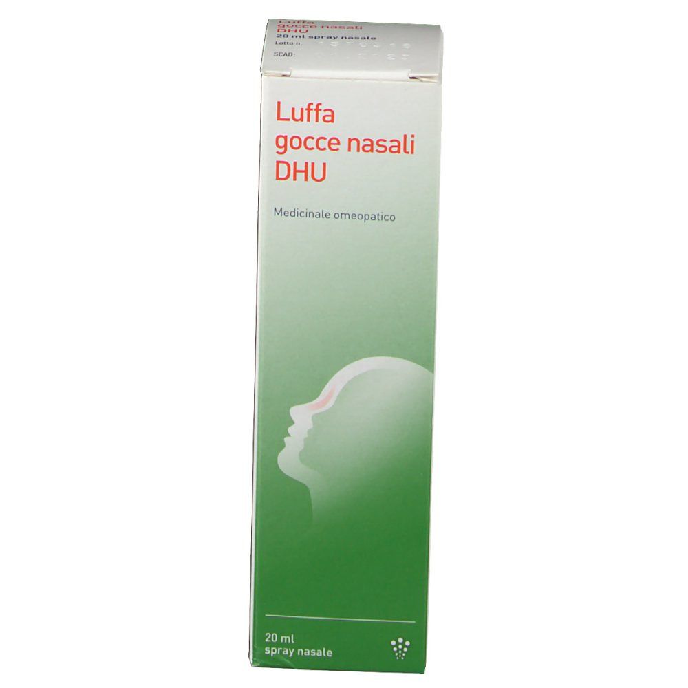 Scatola con nome prodotto e logo. 20 ml spray nasale. Colori verde e bianco. Profilo di un naso.