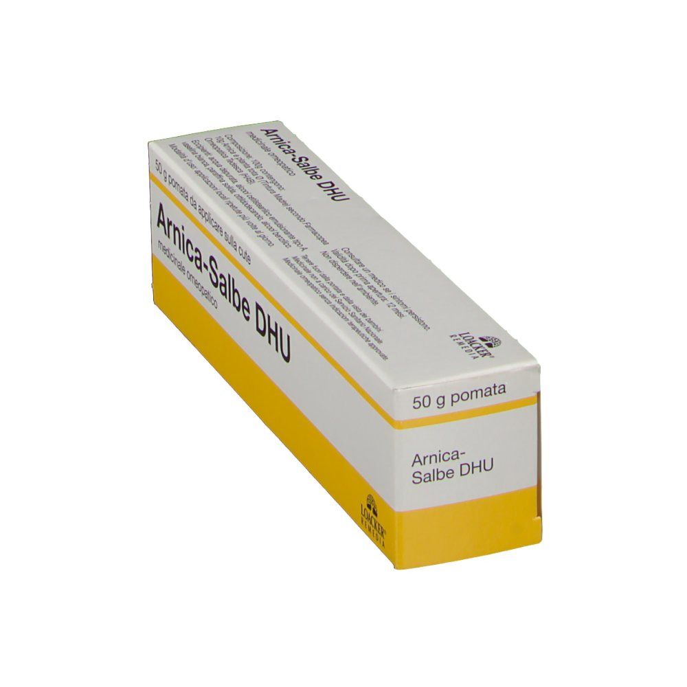 Confezione di pomata Arnica-Salbe DHU. Scatola bianca e gialla con nome del prodotto e testo. 50 g pomata.