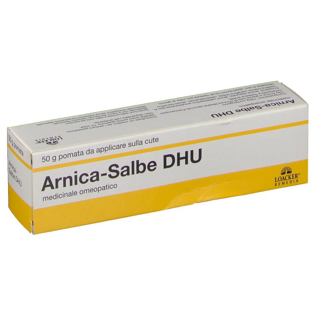 Confezione di pomata Arnica-Salbe DHU. Scatola bianca e gialla con nome del prodotto e testo. 50 g pomata.