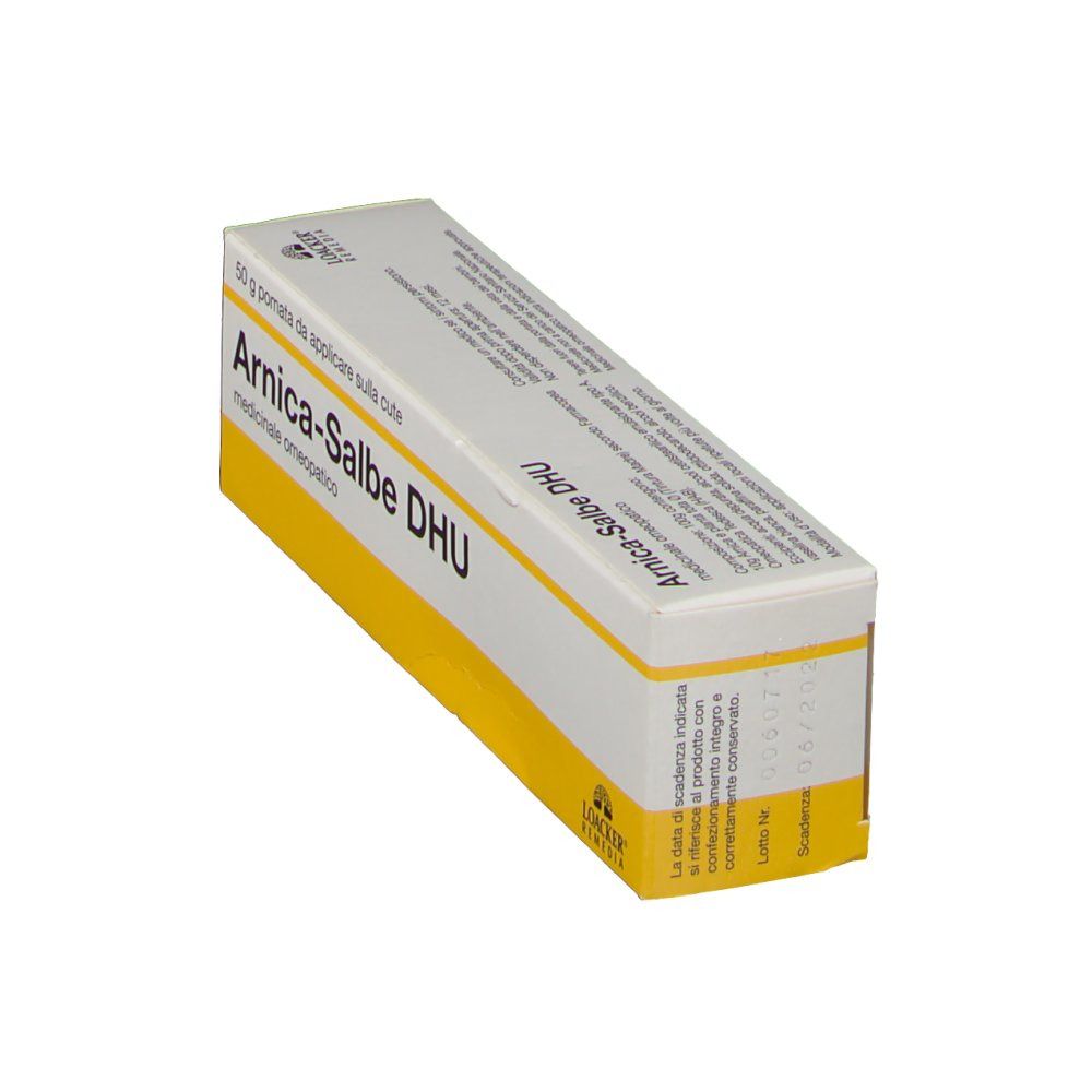 Confezione di pomata Arnica-Salbe DHU. Scatola bianca e gialla con nome del prodotto e testo. 50 g pomata.