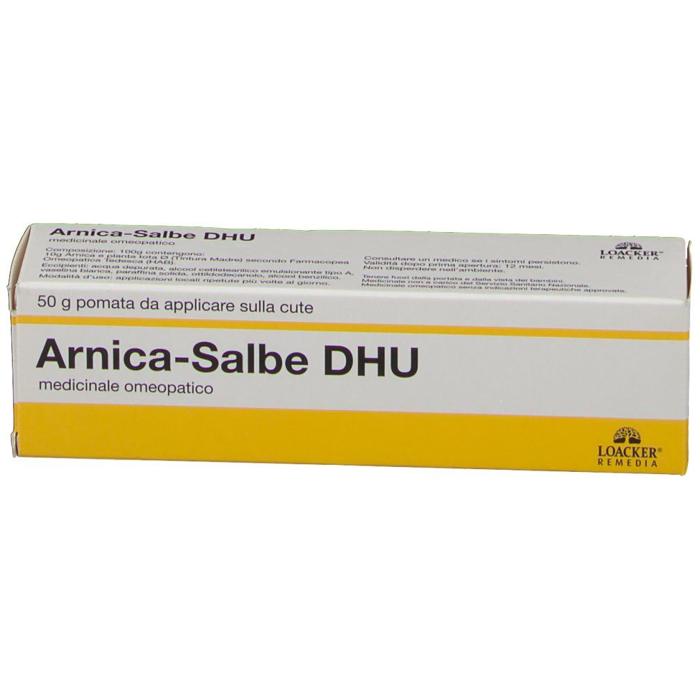 Confezione di pomata Arnica-Salbe DHU. Scatola bianca e gialla con nome del prodotto e testo. 50 g pomata.