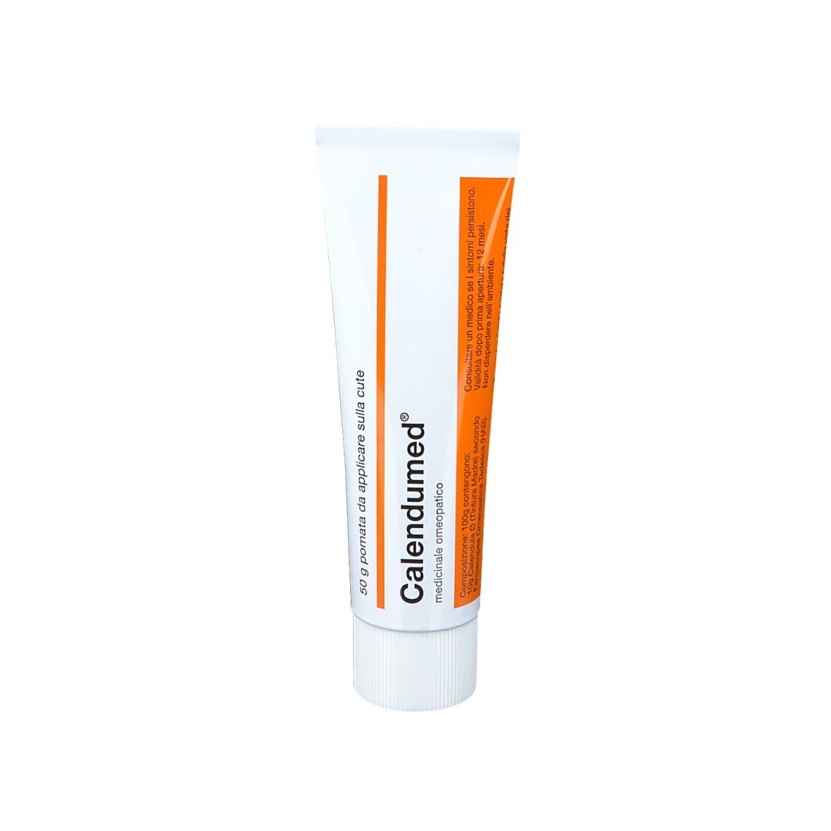 Tubo bianco con striscia arancione. Scritta: Calendumed, 80 g Pomata.