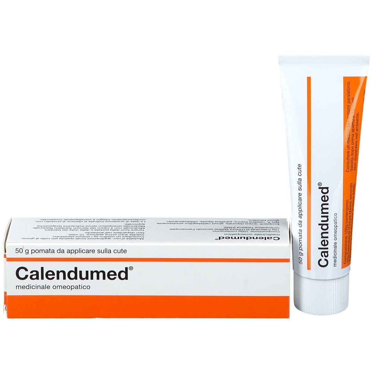 Scatola e tubo. Scritta: Calendumed, 50 g Pomata. Tubo bianco con striscia arancione.