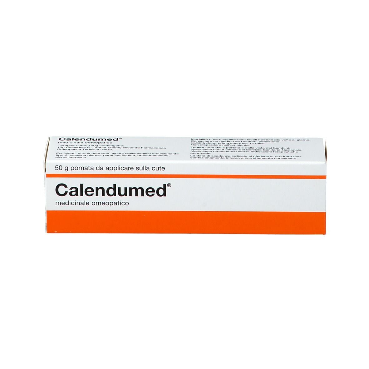 Scatola bianca con striscia arancione. Scritta: Calendumed, 50 g Pomata.