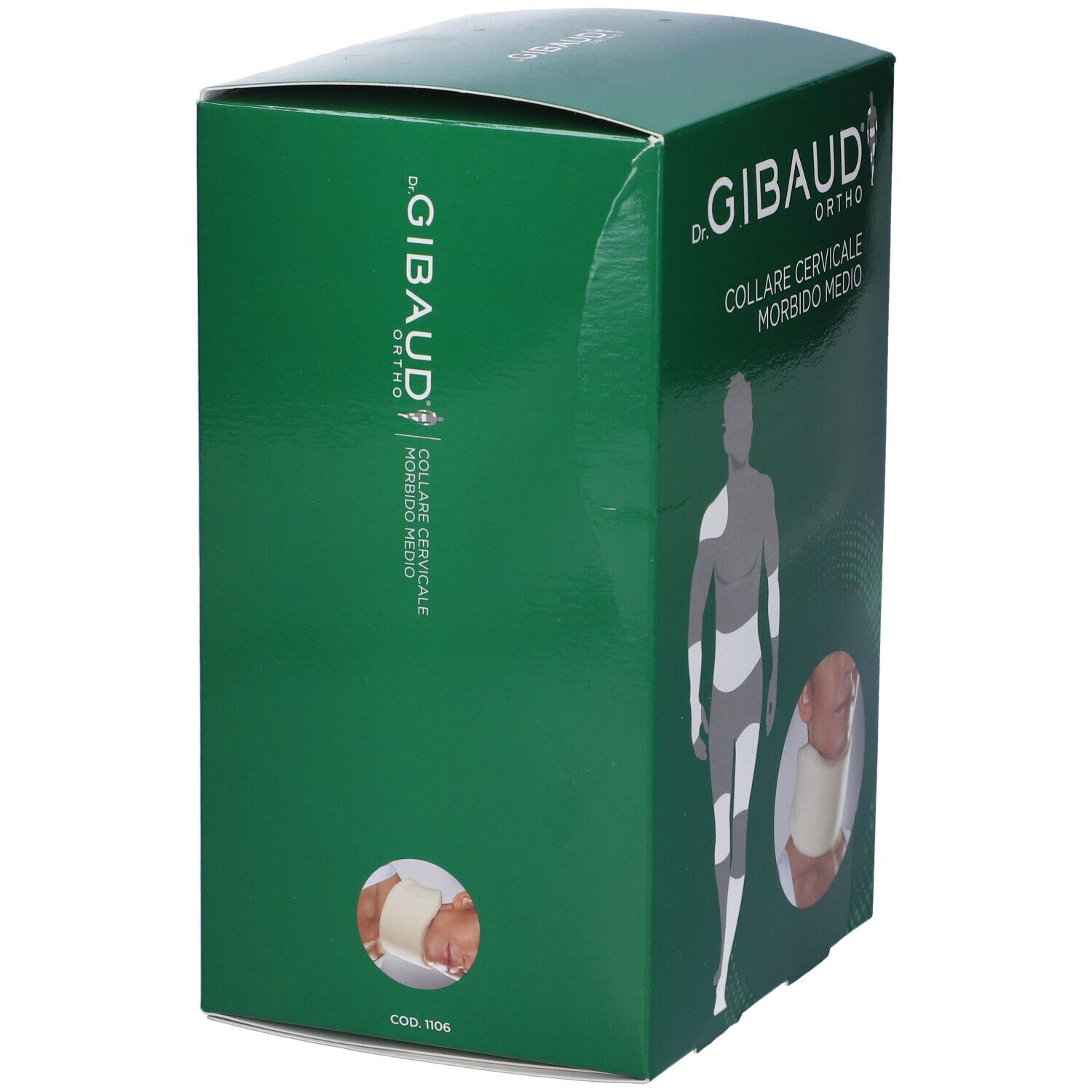 Grüne Schachtel. Aufschrift: Dr. Gibaud Ortho, Collare Cervicale Morbido Medio. Produktcode 1106. Abbildung eines Halskragens.