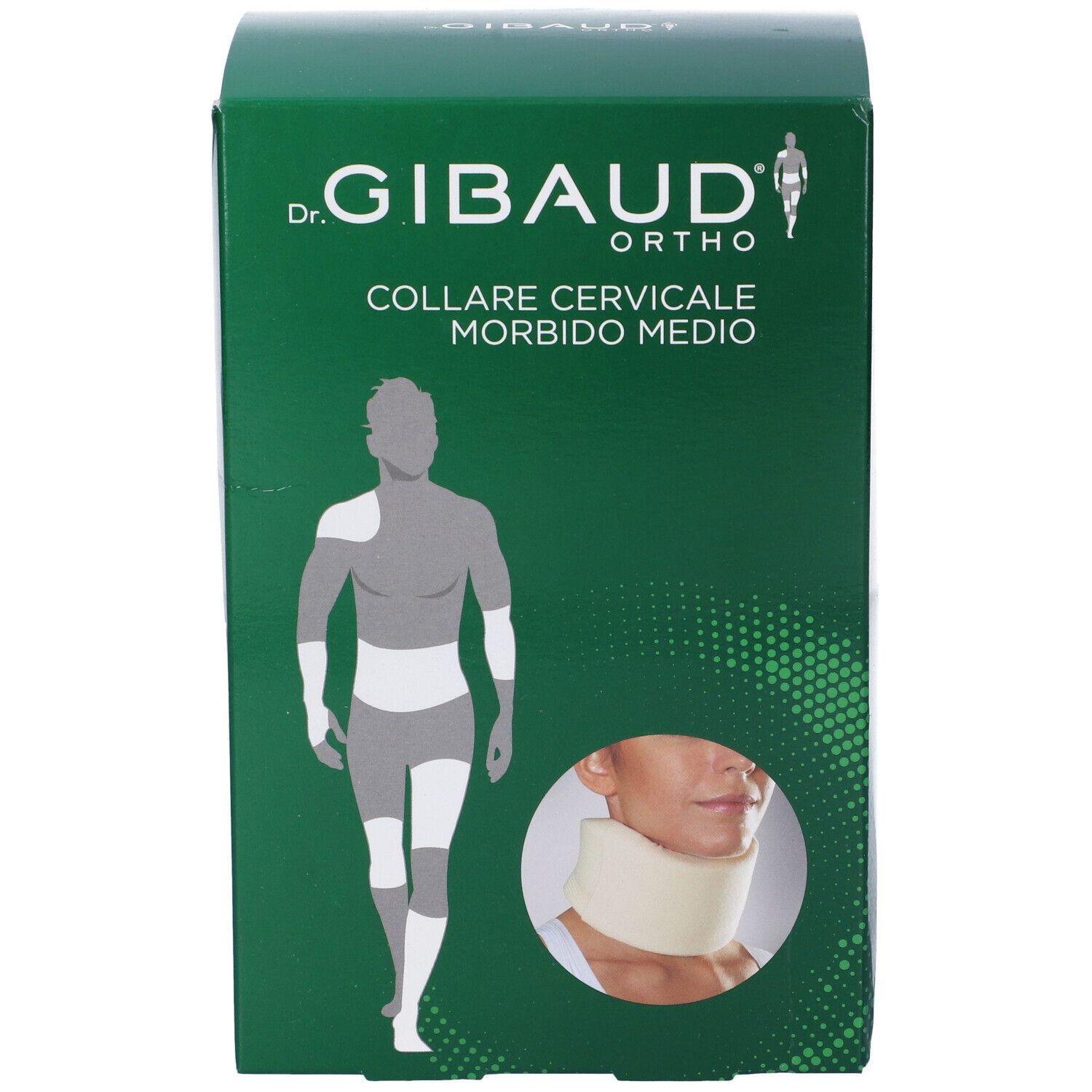 Grüne Schachtel. Aufschrift: Dr. Gibaud Ortho, Collare Cervicale Morbido Medio. Abbildung eines Halskragens.