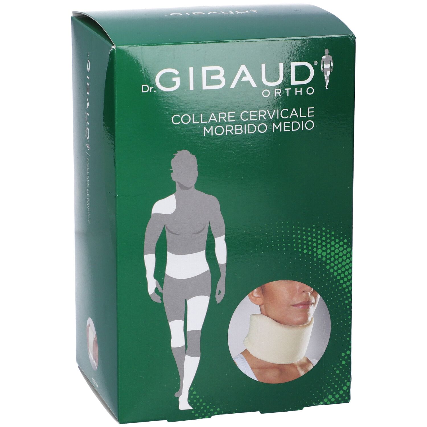Grüne Schachtel. Aufschrift: Dr. Gibaud Ortho, Collare Cervicale Morbido Medio. Abbildung eines Halskragens.