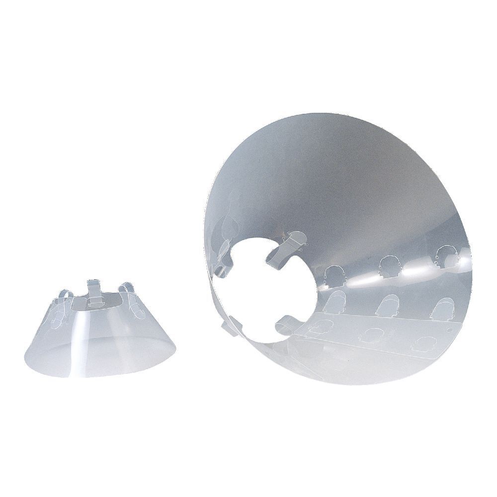 Collare a cono trasparente, due pezzi. Collare grande con fori e collare piccolo. Plastica.