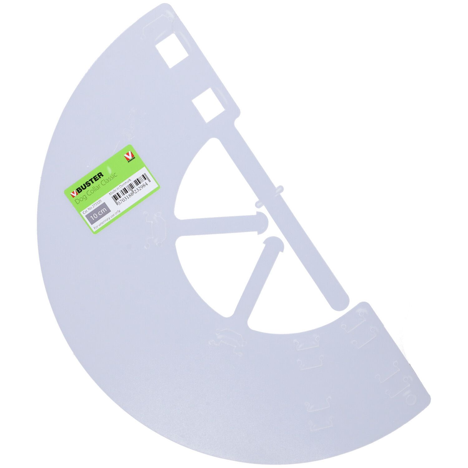 Collare trasparente, a forma di semicerchio. Con etichetta: BUSTER, 10 cm. Plastica.