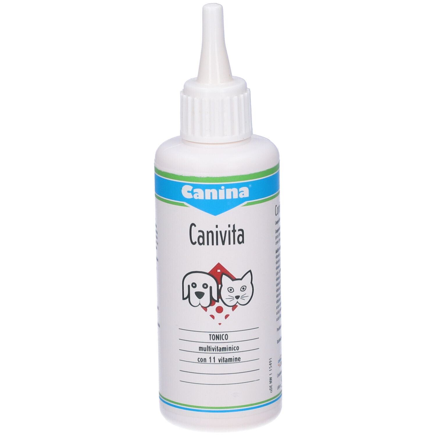 Flacone bianco con beccuccio dosatore. Scritta "Canina Canivita". Logo cane e gatto. Testo: "TONICO multivitaminico con 11 vitamine".