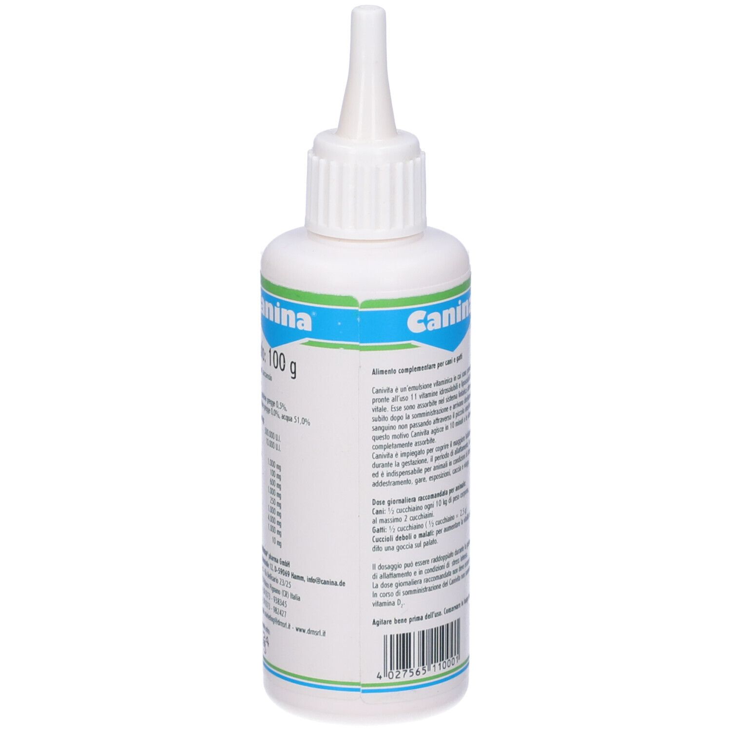 Flacone bianco con beccuccio dosatore. Scritta "Canina". Testo e informazioni in italiano. Etichetta con logo e testo.