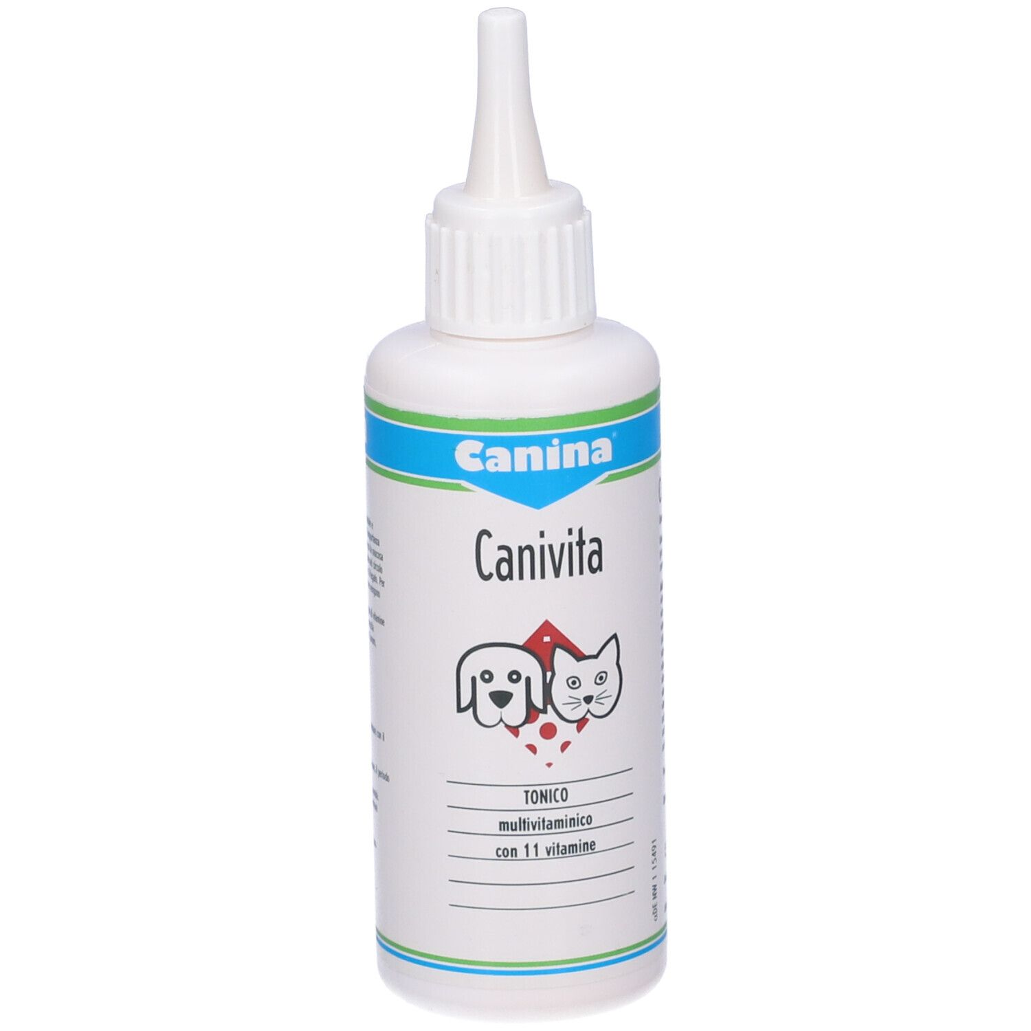 Flacone bianco con beccuccio dosatore. Scritta "Canina Canivita". Logo cane e gatto. Testo: "TONICO multivitaminico con 11 vitamine".