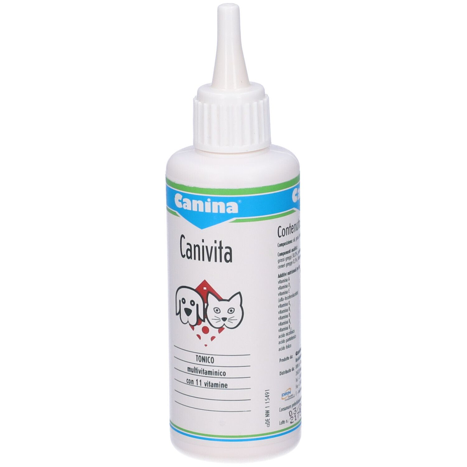 Flacone bianco con beccuccio dosatore. Scritta "Canina Canivita". Logo cane e gatto. Testo: "TONICO multivitaminico con 11 vitamine".