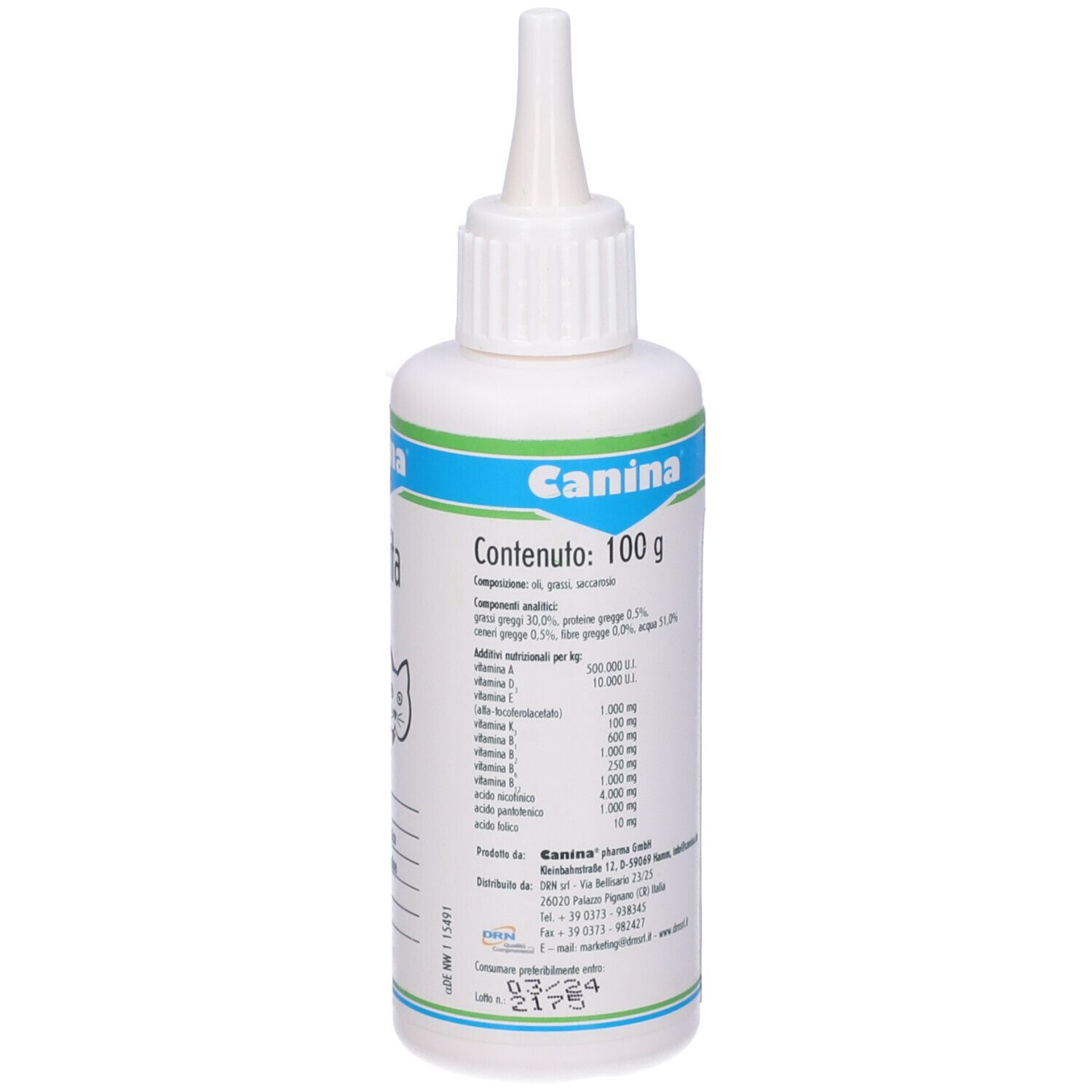 Flacone bianco con beccuccio dosatore. Scritta "Canina". Testo e informazioni in italiano. Etichetta con logo e testo.
