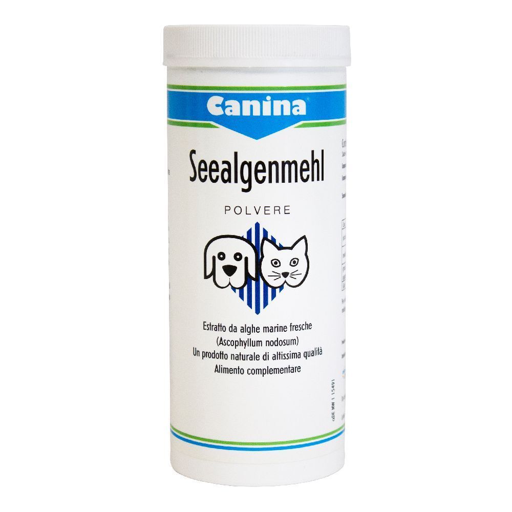 Barattolo bianco con coperchio blu. Scritta: Canina, Seealgenmehl, Polvere. Immagine cane e gatto.