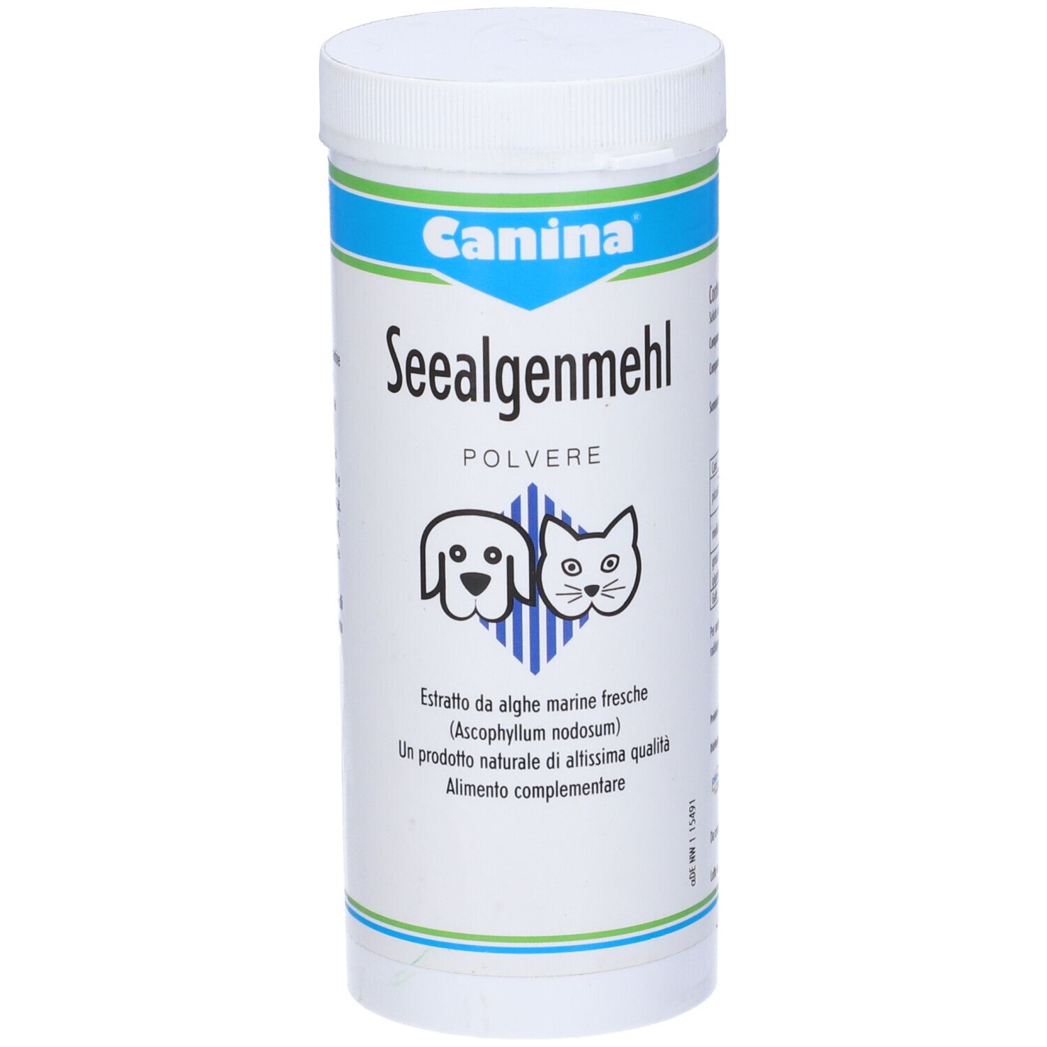 Barattolo bianco con coperchio blu. Scritta: Canina, Seealgenmehl, Polvere. Immagine cane e gatto.